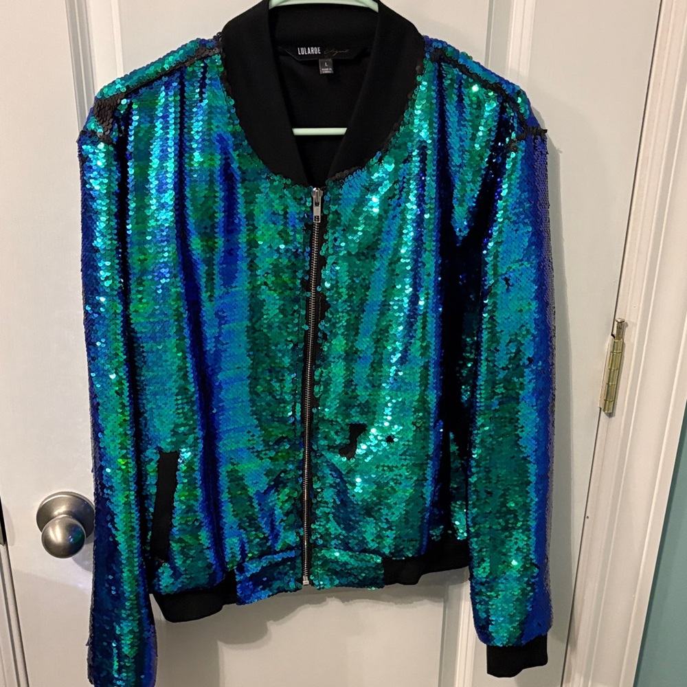 LuLaRoe Sequin Bomber Jacket - Blue and Green